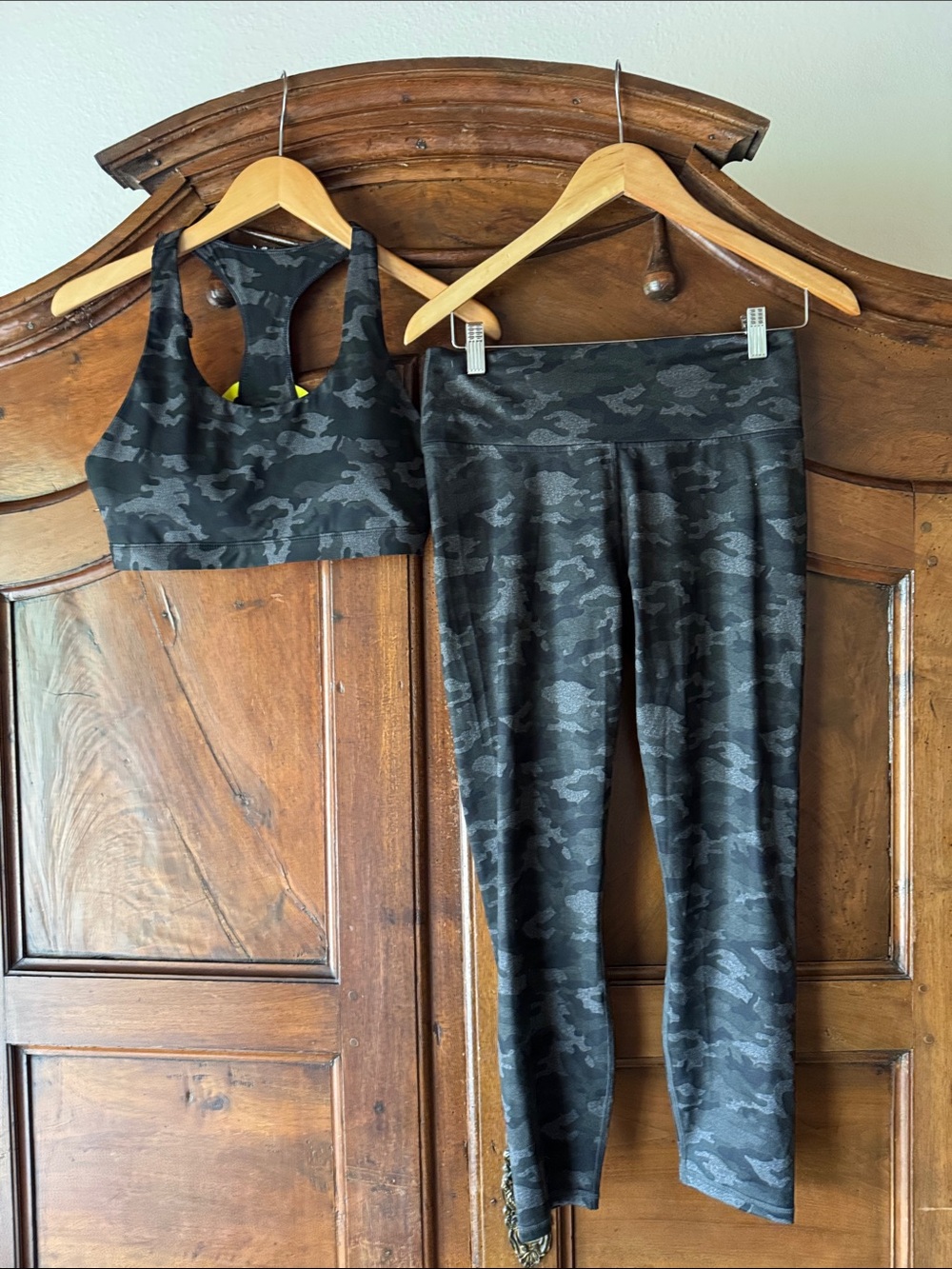 Fabletics Black & Gray Camo PowerHold Active Top and leggings set